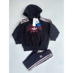 Adidas Originals Kids Hoodie & Leggings Set 5Y 2XS Black W/ Pink Stripes Cotton